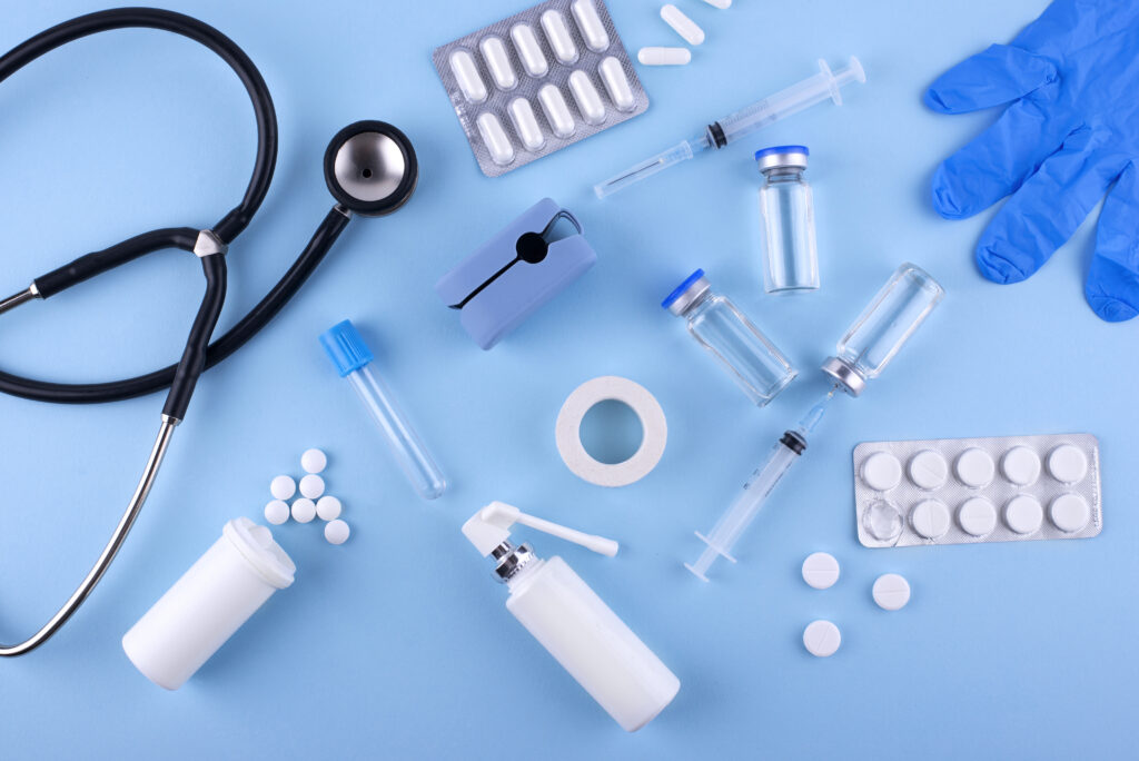 top view pills stethoscope arrangement