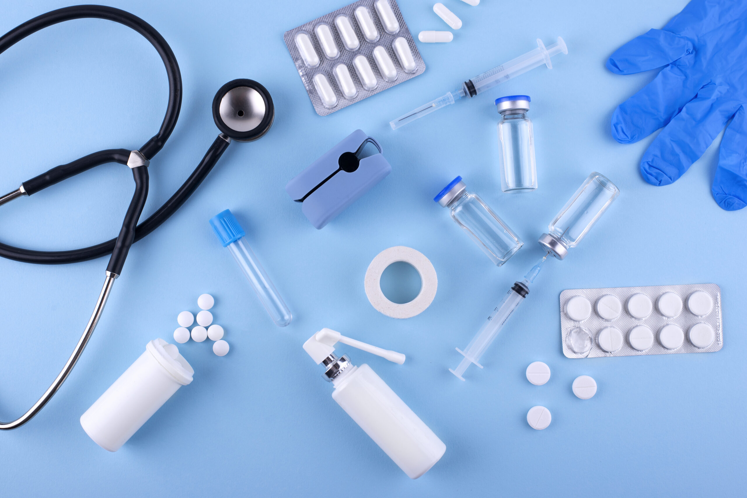 top view pills stethoscope arrangement