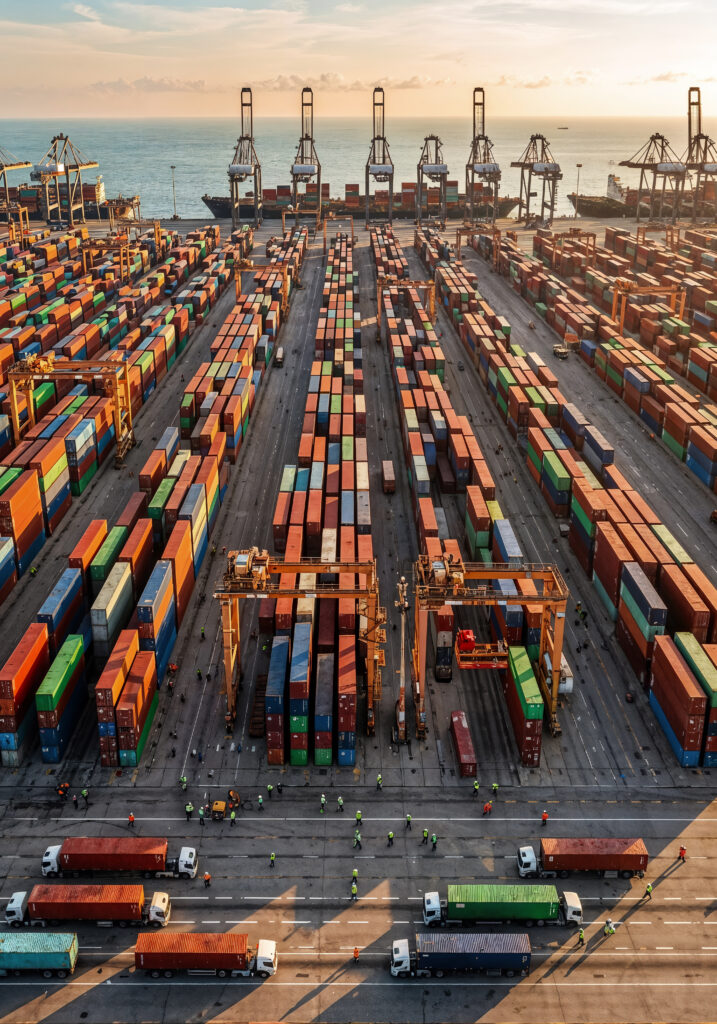 aerial view busy container port with cargo ships