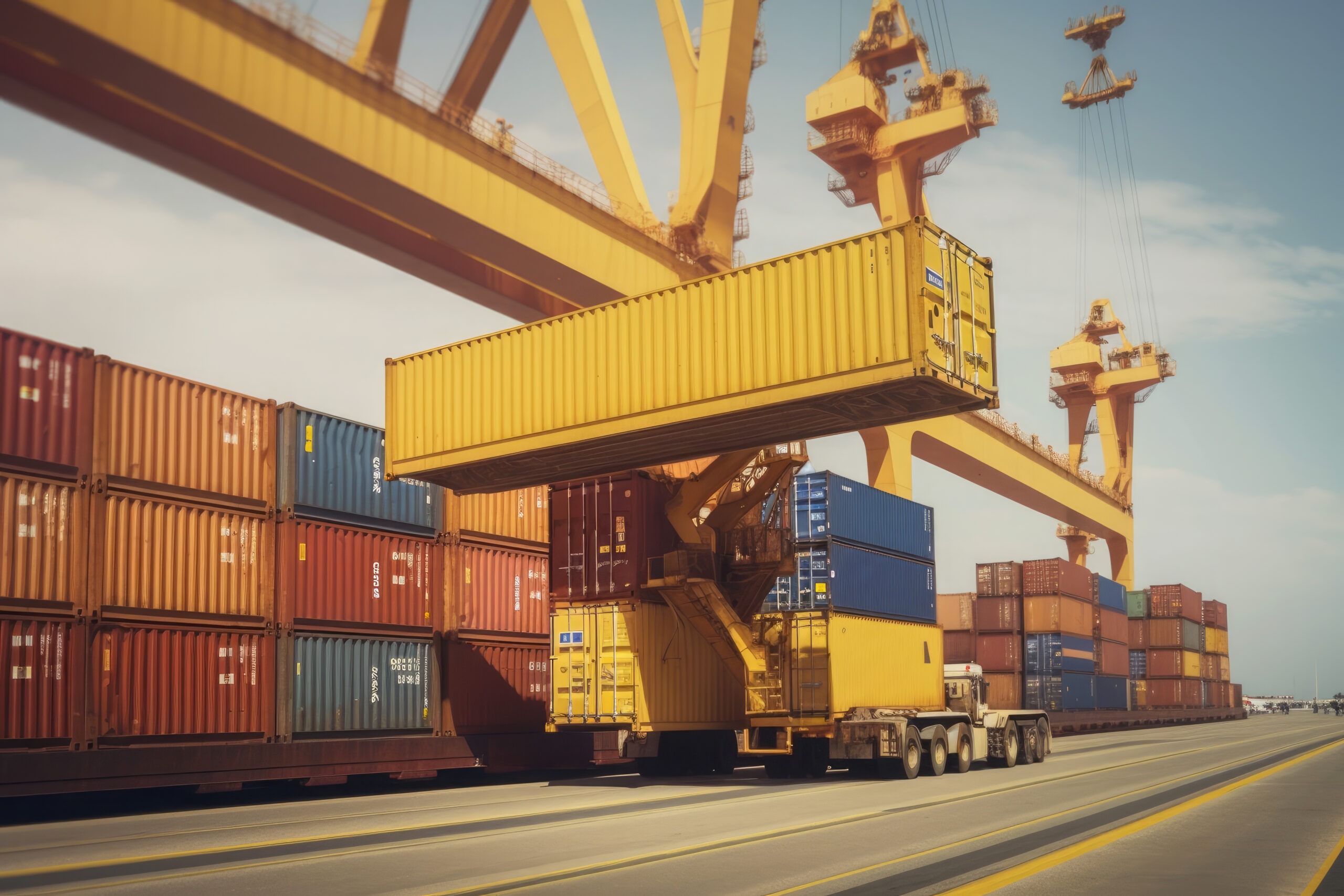 huge cargo crane harbor loading yellow container ai generative